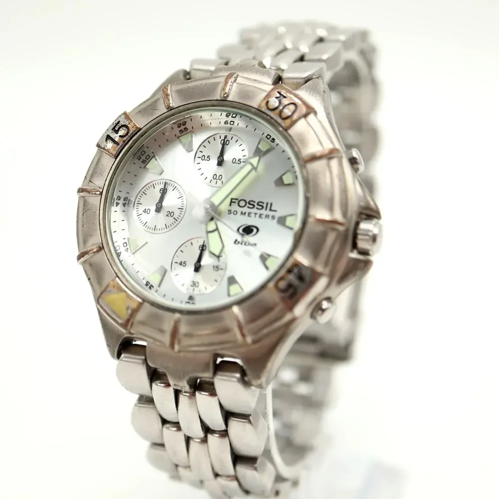 Vintage Fossil Silver Tone 40mm Chronograph Watch Y2K Steel CH2294 Split Second